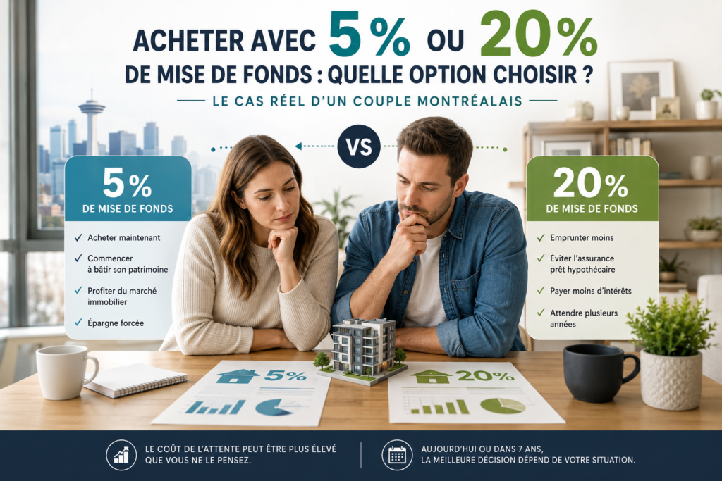 Couple premier acheteur comparant une mise de fonds de 5 % et de 20 % pour l'achat d'un condo à Montréal