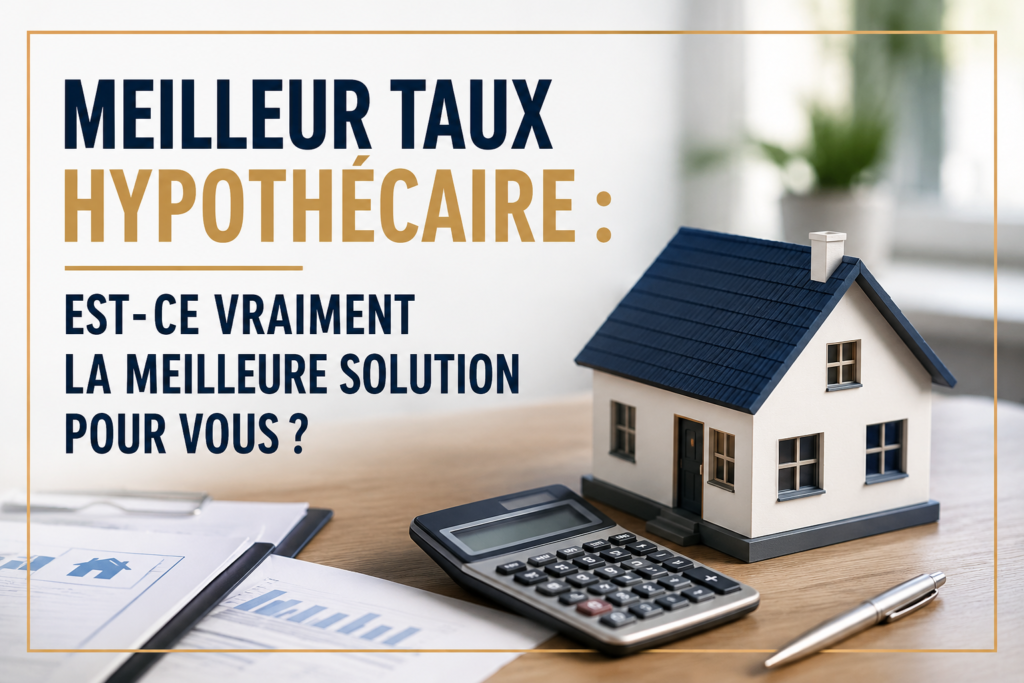 Maison miniature, symbole de pourcentage et calculatrice représentant le choix d’un taux hypothécaire.