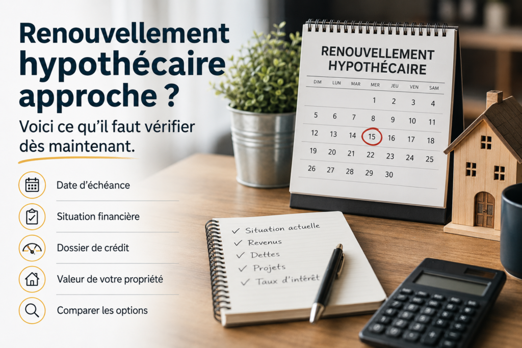 Propriétaire préparant son renouvellement hypothécaire en vérifiant sa situation financière, son dossier de crédit et les options disponibles avant l'échéance.