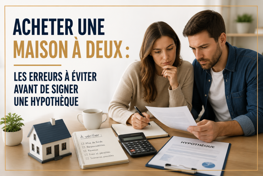 Couple qui analyse des documents hypothécaires avant d’acheter une maison à deux.