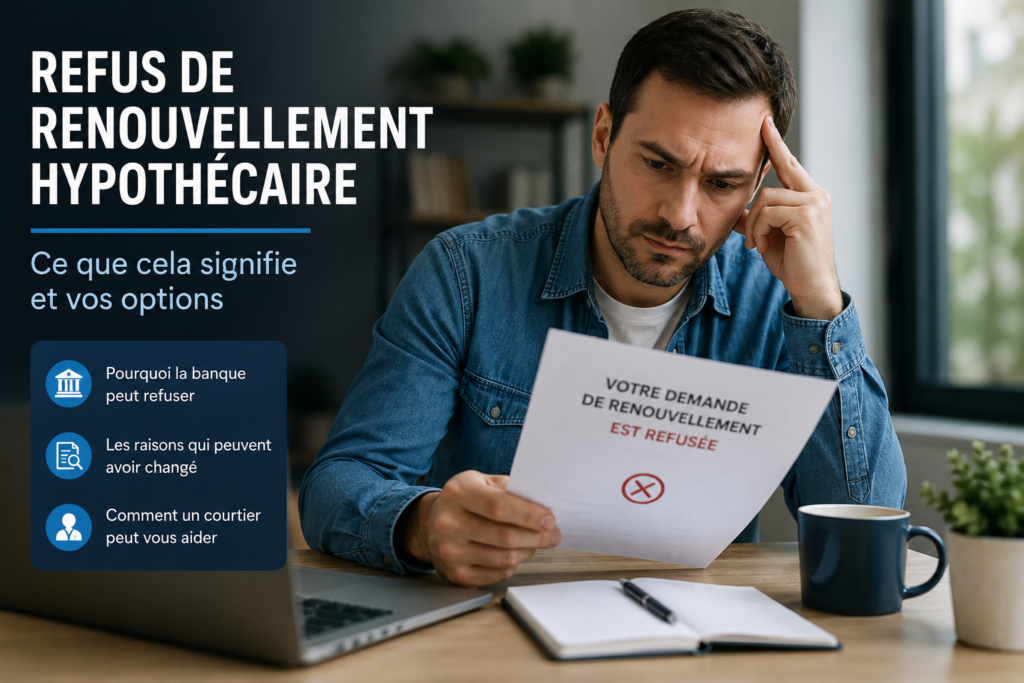 Propriétaire préoccupé après un refus de renouvellement hypothécaire reçu de sa banque, analysant sa situation financière et ses options de financement.